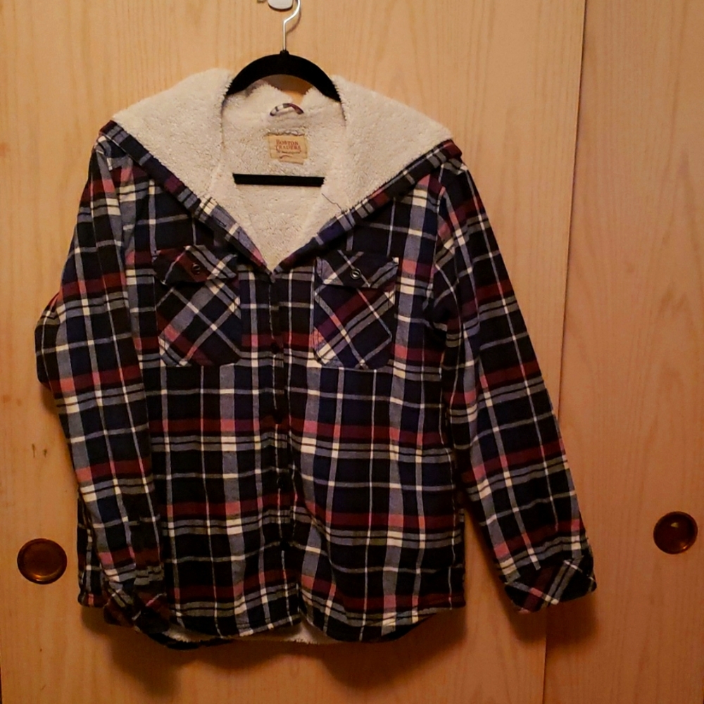 Boston traders jacket blue plaid hooded flannel button up